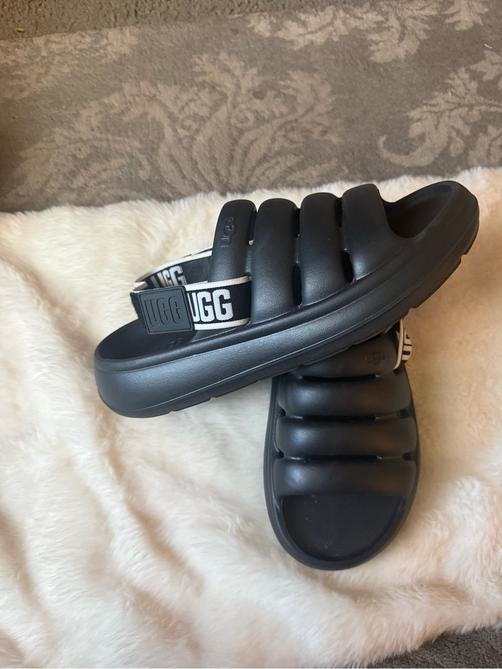 UGG Black Puffer Slide Sandals with White-Trim Straps - Picture 2 of 3